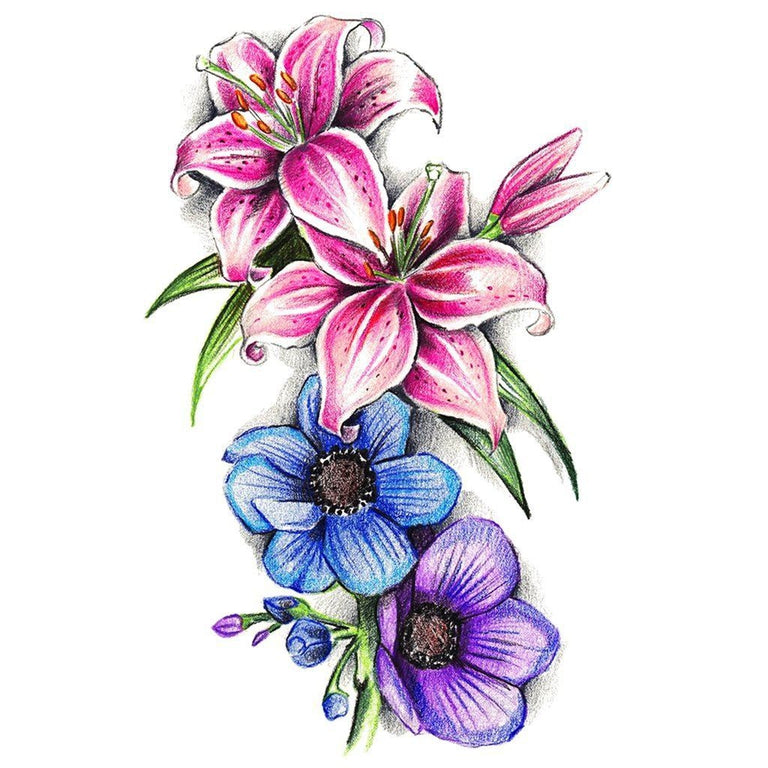 lily flower design Colored Lily Flowers temporary tattoo - Flower fake tattoos