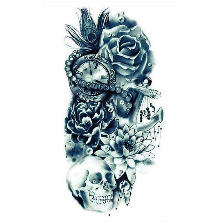 Totenkopf Rose Groß Temporary Tattoo | Uhr Totenkopf Ärmel Temporary Tattoo | Tattoo Sticker | 48×17cm