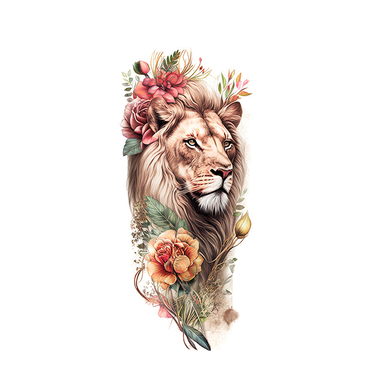 Temporary tattoo "Colorful Floral Lion 2 Sleeve"