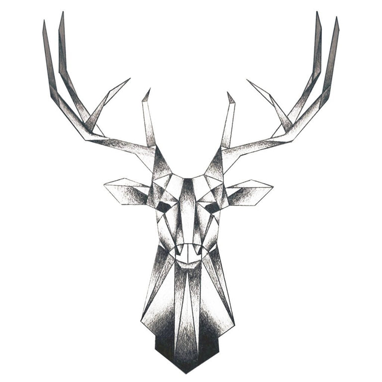 Black And Grey Geometric Deer Head Tattoo On Forearm