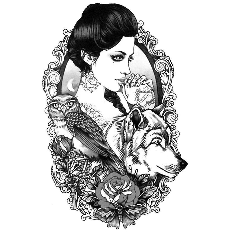 Tatouage éphémère : Woman Wolf B&W - ArtWear Tattoo - Tatouage temporaire