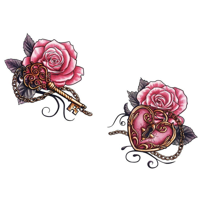 Key Rose Heart Key Roses temporary tattoo - Old School fake tattoos - ArtWear ...